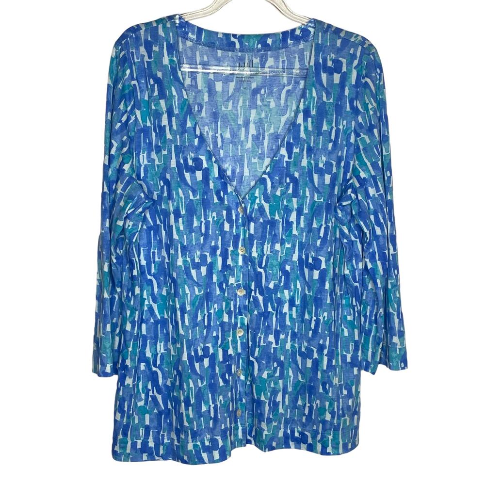 J Jill Womens Size Medium Blue Printed Extra Fine Pima Cotton Cardigan‎ Artsy